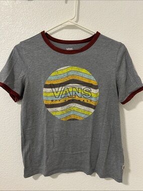 Vans Gray Tee with Burgundy Trim and Multicolor Wavy Logo